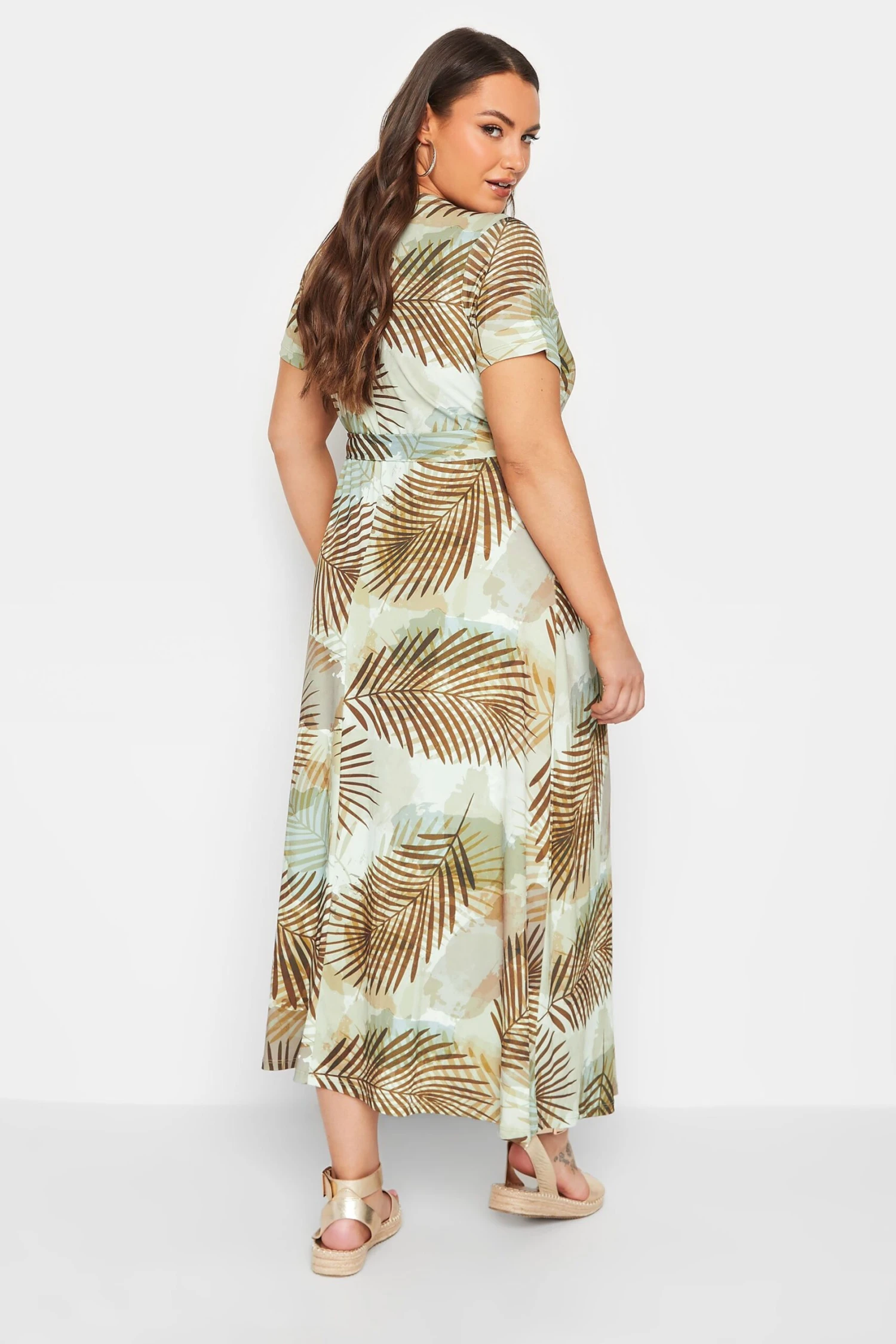YOURS Curve Brown Tropical Leaf Print Wrap Dress 2 YOURS Curve Brown Tropical Leaf Print Wrap Dress - Image 2
