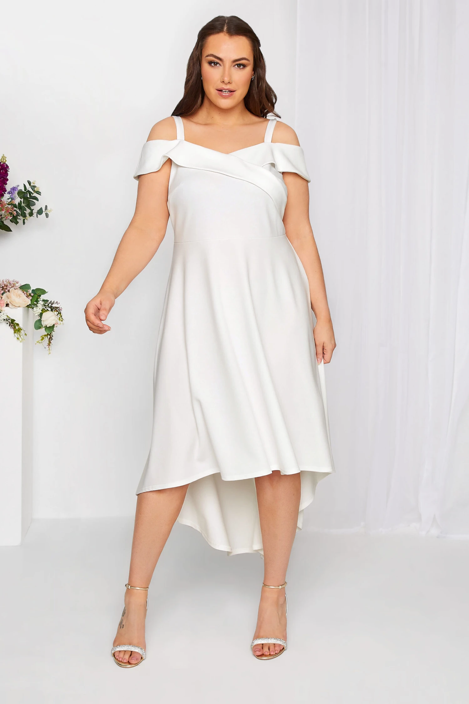 YOURS LONDON Curve White Bardot High Low Bridal Midi Dress 1 YOURS LONDON Curve White Bardot High Low Bridal Midi Dress