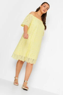 YOURS Curve Yellow Broderie Anglaise Bardot Dress