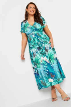 YOURS Curve Blue Leaf Print Wrap Neck Dress