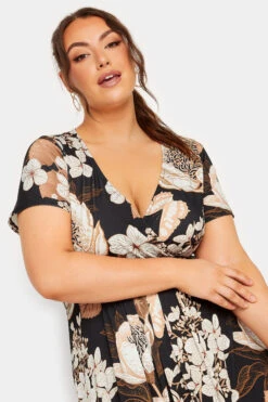 YOURS Curve Black Neutral Floral Print Wrap Front Midaxi Dress -JOICY Clothing Shop 74bb9a6e 44d0 4e 302154 D