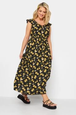 LIMITED COLLECTION Curve Black Lemons Print Frill Maxi Dress