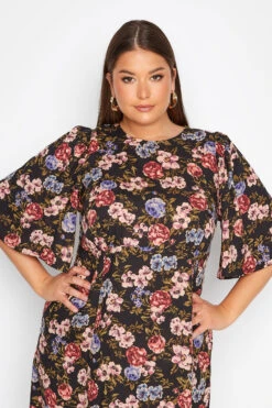 YOURS Curve Black Floral Print Side Split Midi Dress -JOICY Clothing Shop 7945de7c 758a 45 173813 D