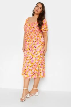 YOURS Curve Pink Floral Print Shirred Midi Dress