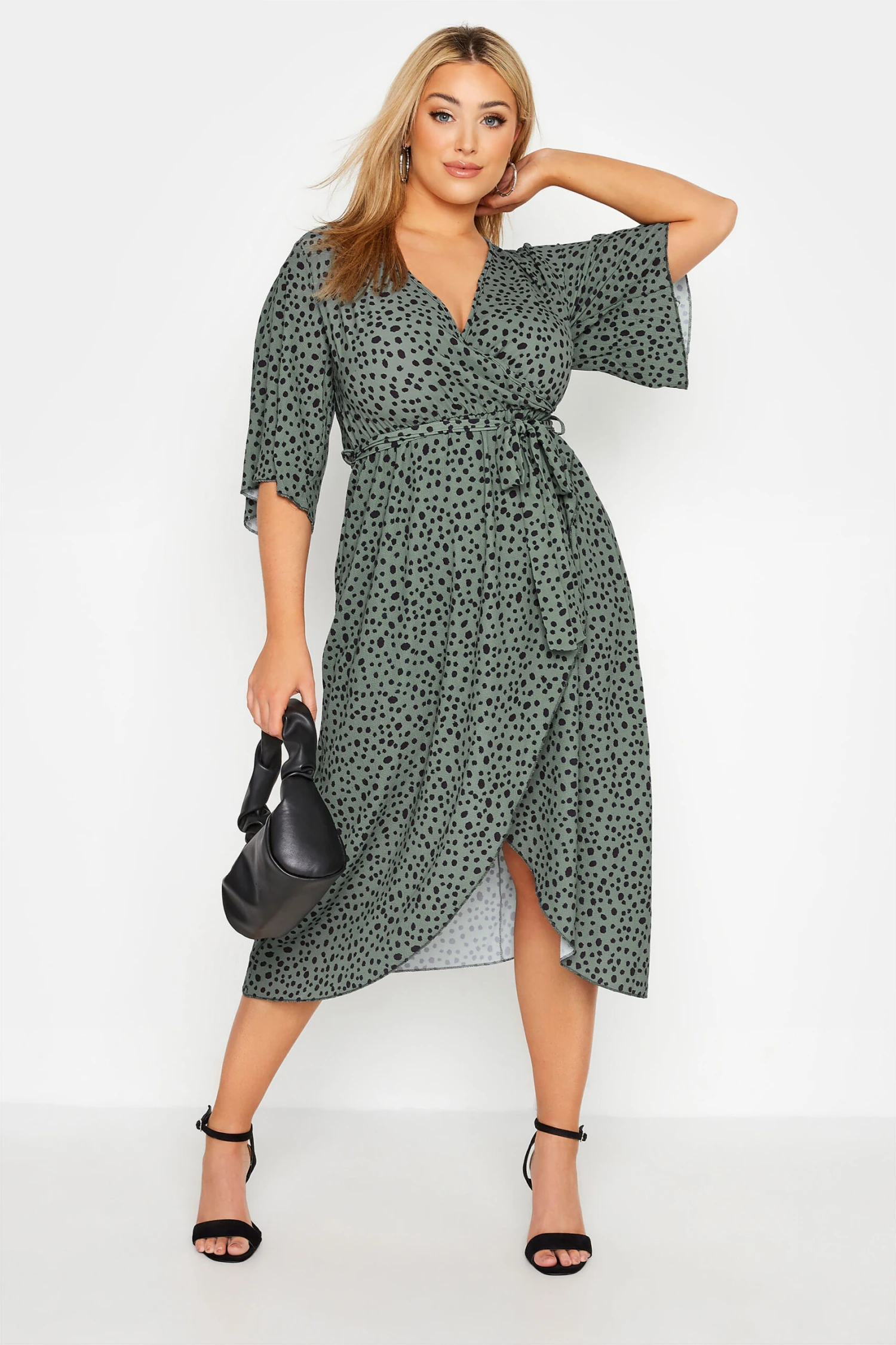 YOURS LONDON Curve Green Dalmatian Print Midi Wrap Dress 2 YOURS LONDON Curve Green Dalmatian Print Midi Wrap Dress - Image 2