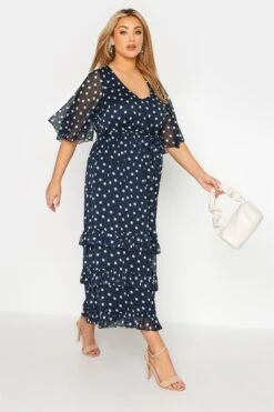 YOURS LONDON Curve Navy Blue Polka Dot Ruffle Maxi Dress