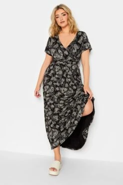 YOURS Curve Black Floral Wrap Tie Waist Maxi Dress