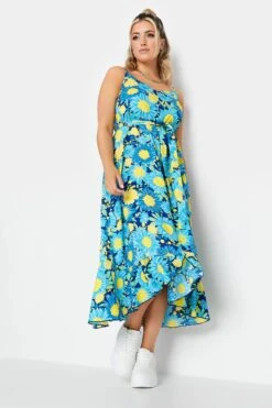 LIMITED COLLECTION Curve Blue Floral Frill Hem Midaxi Dress