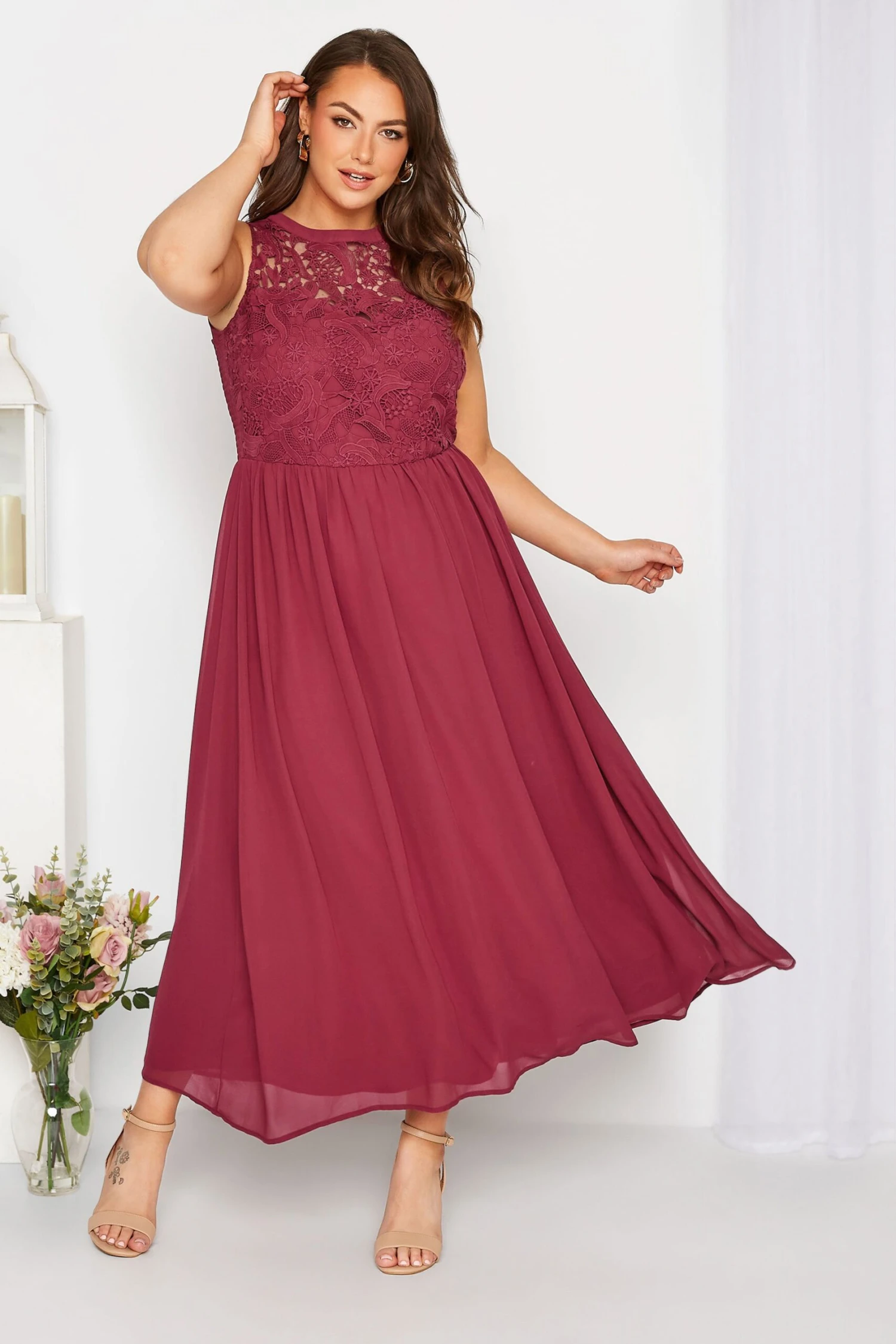 YOURS LONDON Curve Burgundy Red Lace Front Chiffon Maxi Dress 1 YOURS LONDON Curve Burgundy Red Lace Front Chiffon Maxi Dress