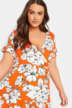 YOURS Curve Orange Floral V-Neck Tiered Wrap Dress -JOICY Clothing Shop 8486df1c 8d5d 4b 301895 D