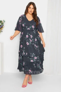 YOURS LONDON Curve Navy Blue Floral Ruffle Hem Maxi Dress