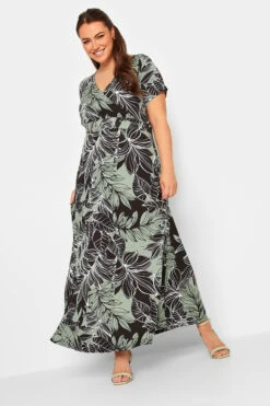 YOURS Curve Black Leaf Print V-Neck Midaxi Dress