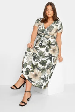 YOURS Curve White Tropical Leaf Print Wrap Dress