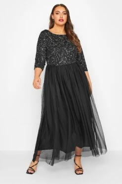 LUXE Curve Black Sequin Hand Embellished Maxi Dress