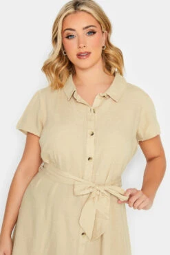 YOURS PETITE Curve Stone Brown Linen Blend Button Through Dress -JOICY Clothing Shop 897651bf cb3b 4a 174453 D