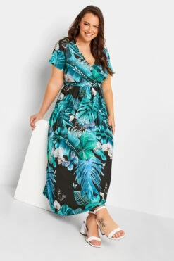 YOURS Curve Black & Blue Leaf Print Wrap Neck Dress