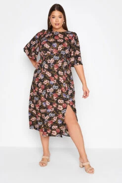YOURS Curve Black Floral Print Side Split Midi Dress