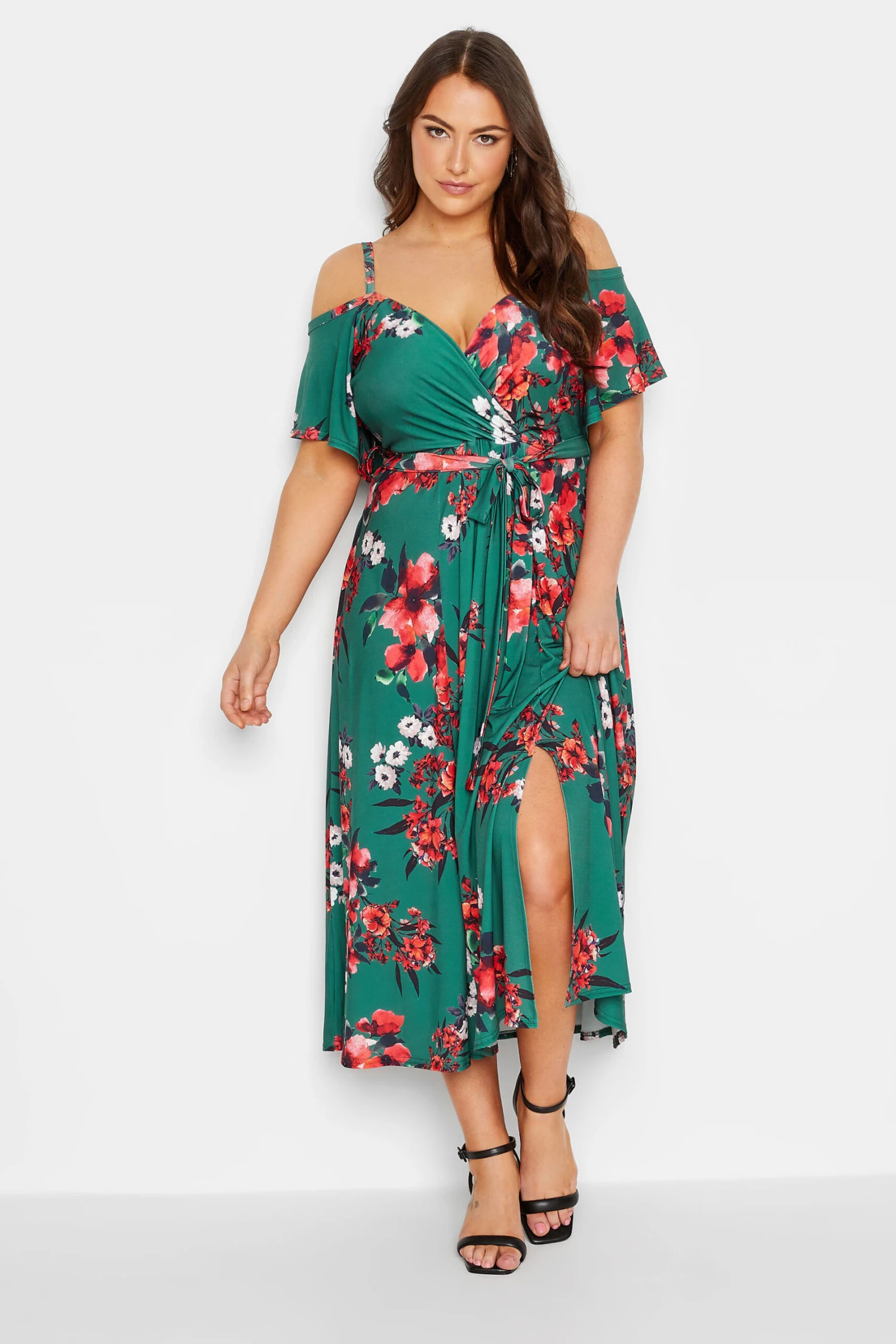 YOURS LONDON Curve Green Floral Cold Shoulder Wrap Dress 1 YOURS LONDON Curve Green Floral Cold Shoulder Wrap Dress