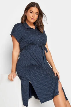 YOURS Curve Navy Blue Polka Dot Split Hem Shirt Dress -JOICY Clothing Shop 9360d71c f35b 44 301973 D
