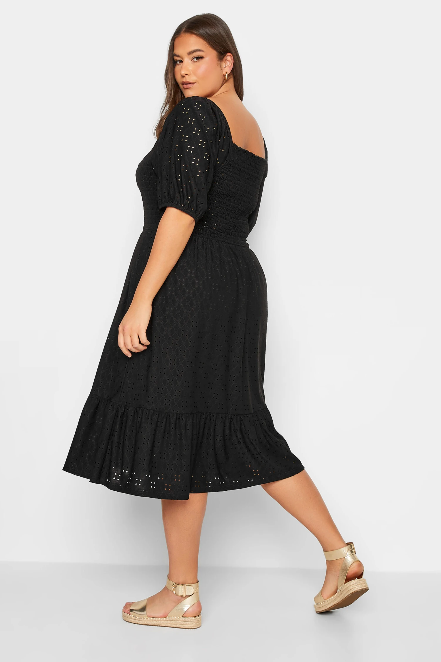 YOURS Curve Black Shirred Broderie Anglaise Midaxi Dress 2 YOURS Curve Black Shirred Broderie Anglaise Midaxi Dress - Image 2
