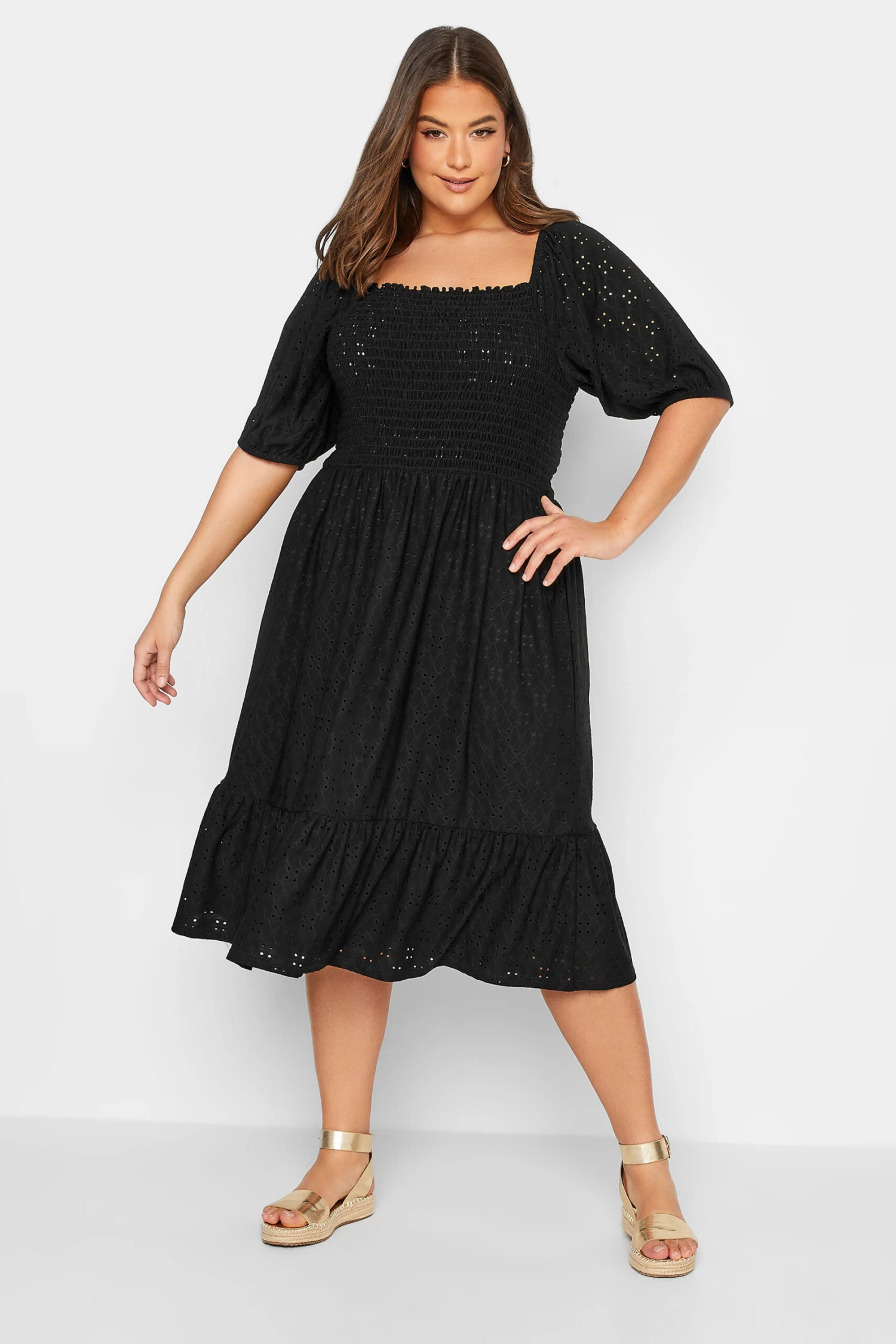 YOURS Curve Black Shirred Broderie Anglaise Midaxi Dress 1 YOURS Curve Black Shirred Broderie Anglaise Midaxi Dress
