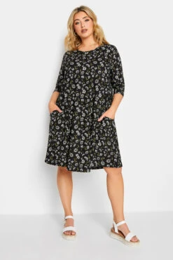 YOURS Curve Black Daisy Print Drape Pocket Mini Dress