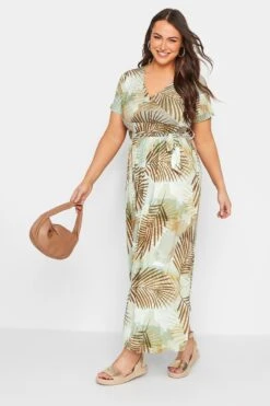 YOURS Curve Brown Tropical Leaf Print Wrap Dress