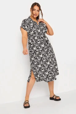 YOURS Curve Black & White Leaf Print Spilt Hem Midaxi Shirt Dress