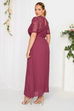YOURS LONDON Curve Burgundy Red Lace Puff Sleeve Pleated Maxi Dress -JOICY Clothing Shop a031b048 8bb1 40 161904 C