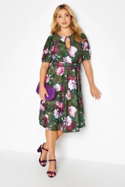 YOURS LONDON Curve Green Floral Animal Print Keyhole Skater Dress