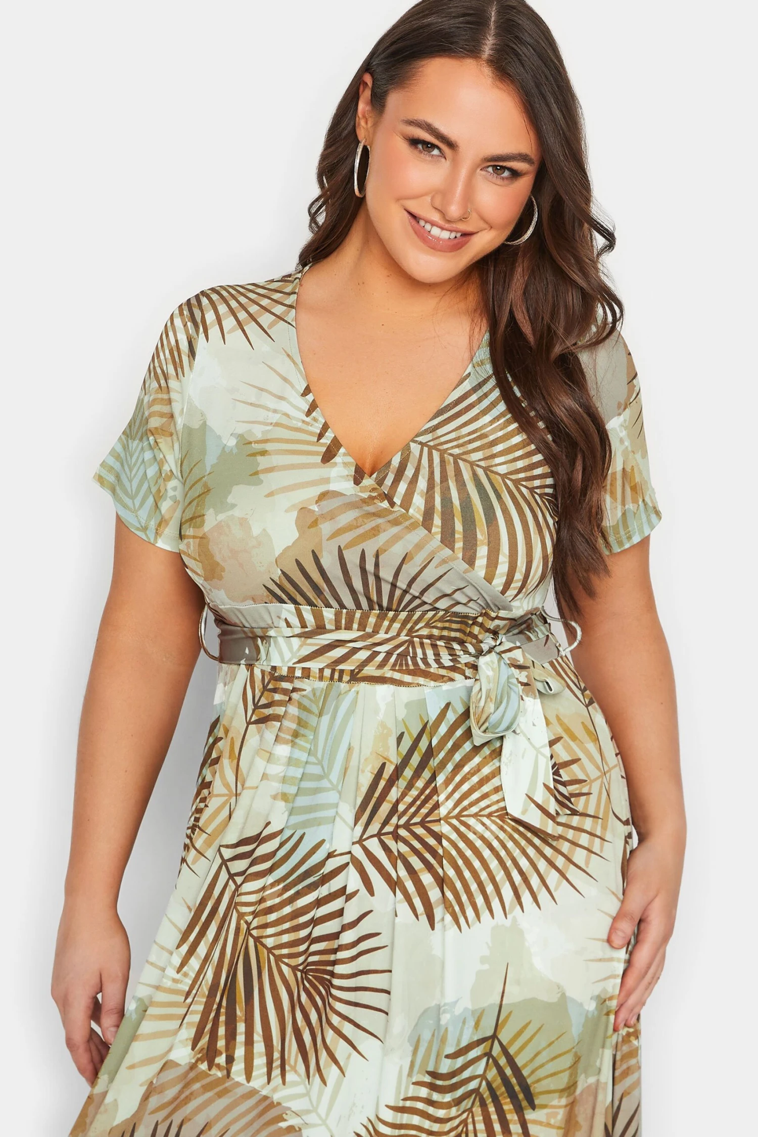 YOURS Curve Brown Tropical Leaf Print Wrap Dress 3 YOURS Curve Brown Tropical Leaf Print Wrap Dress - Image 3
