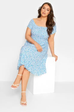 YOURS Curve Blue Ditsy Floral Bardot Midi Dress