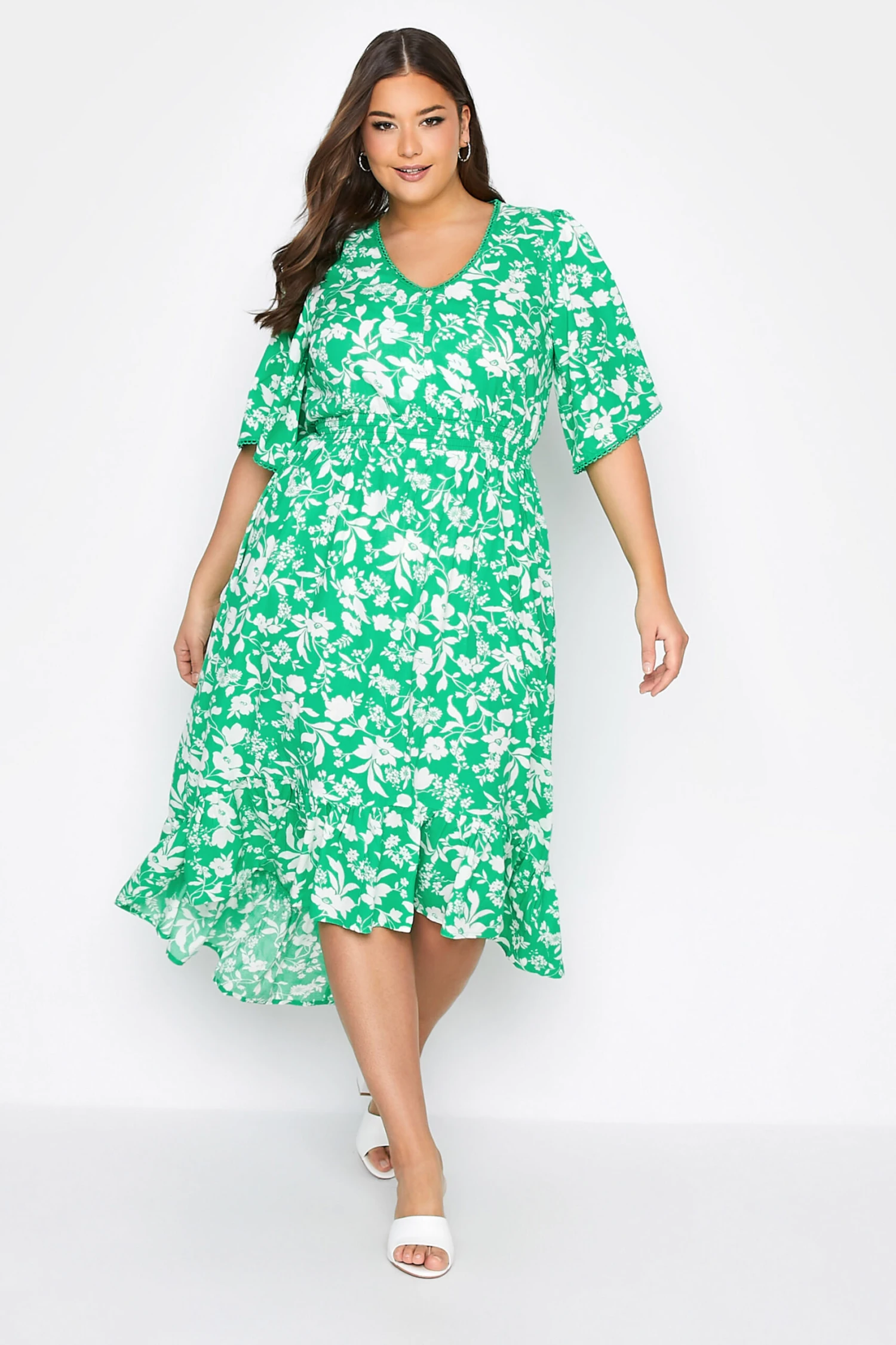 YOURS Curve Green Floral Dipped Hem Dress 1 YOURS Curve Green Floral Dipped Hem Dress