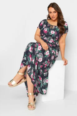 YOURS Curve Navy Blue Tropical Print Bardot Maxi Dress