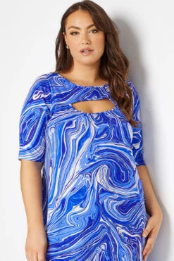 YOURS Curve Blue Marble Print Cut Out T-Shirt Dress -JOICY Clothing Shop b4cbdaba acee 48 137209 M