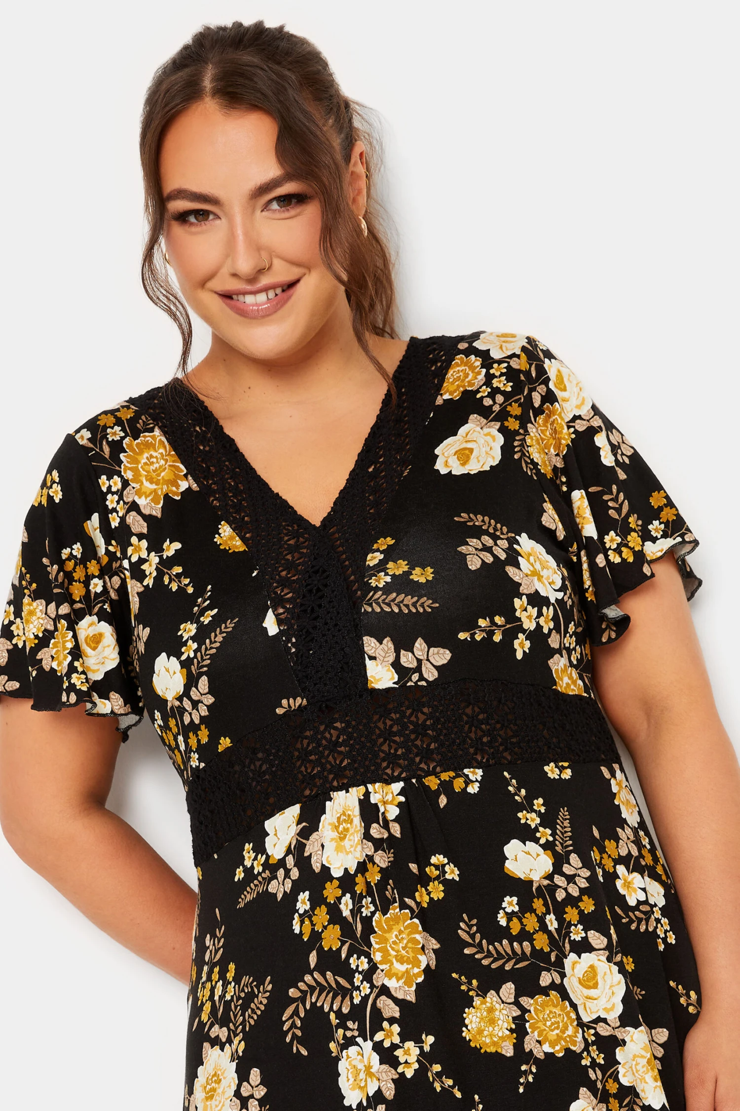 YOURS Curve Black Floral Print Lace Detail Dress 3 YOURS Curve Black Floral Print Lace Detail Dress - Image 3