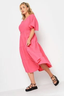 LIMITED COLLECTION Curve Hot Pink Textured Tiered Smock Dress
