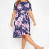 YOURS LONDON Curve Navy Blue Floral Print Midi Skater Dress