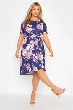 YOURS LONDON Curve Navy Blue Floral Print Midi Skater Dress