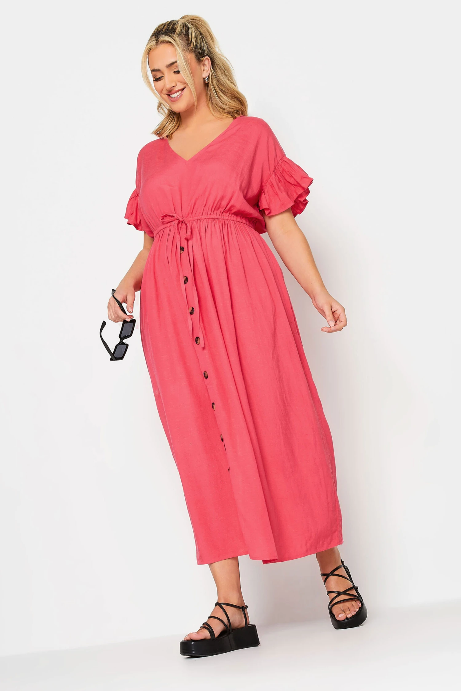 LIMITED COLLECTION Curve Coral Pink Frill Sleeve Cotton Maxi Dress 1 LIMITED COLLECTION Curve Coral Pink Frill Sleeve Cotton Maxi Dress
