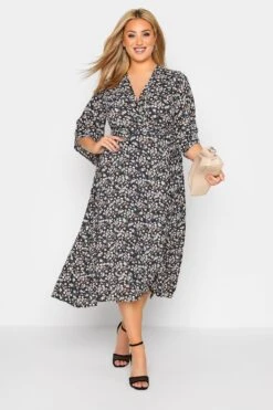 YOURS LONDON Curve Black Floral Print Midaxi Wrap Dress