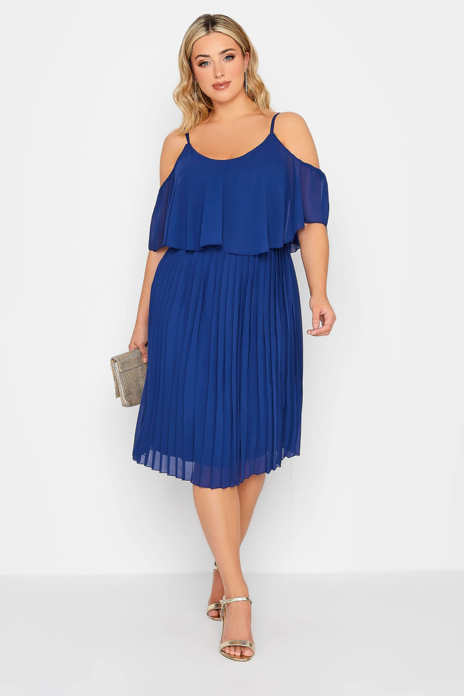 YOURS LONDON Curve Cobalt Blue Pleated Overlay Midi Dress 2 YOURS LONDON Curve Cobalt Blue Pleated Overlay Midi Dress - Image 2