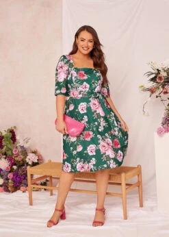 YOURS LONDON Curve Green Floral Square Neck Dress -JOICY Clothing Shop c80d4035 001c 4b 161733 L