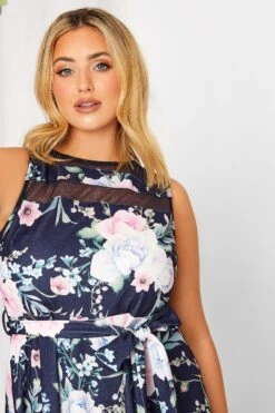YOURS LONDON Curve Navy Blue & Pink Floral Mesh Panel Skater Dress -JOICY Clothing Shop c8ceaa4c ec8f 4b 162041 D