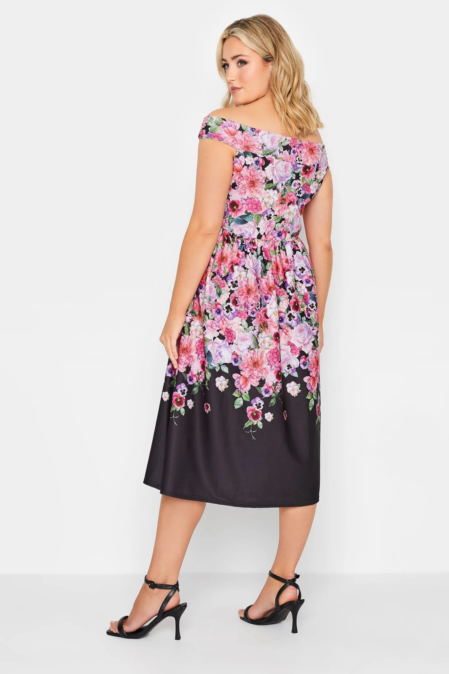 YOURS PETITE Curve Black Floral Border Bardot Dress 2 YOURS PETITE Curve Black Floral Border Bardot Dress - Image 2