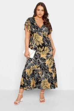 YOURS Curve Black & Yellow Floral Print Frill Sleeve Wrap Maxi Dress