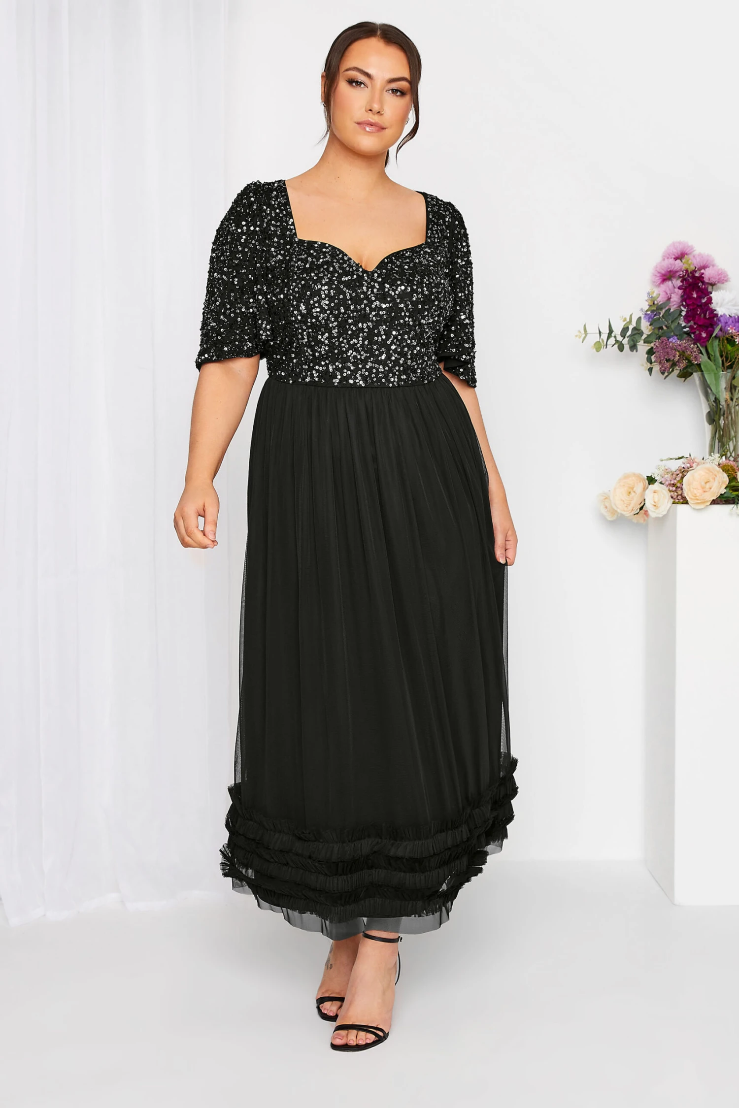 LUXE Curve Black Sequin Sweetheart Ruffle Maxi Dress 1 LUXE Curve Black Sequin Sweetheart Ruffle Maxi Dress