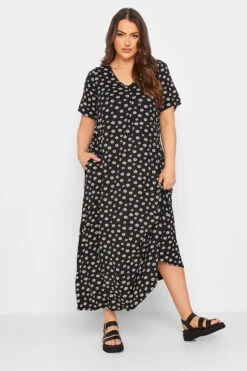 LIMITED COLLECTION Curve Black Daisy Pleat Front Maxi Dress