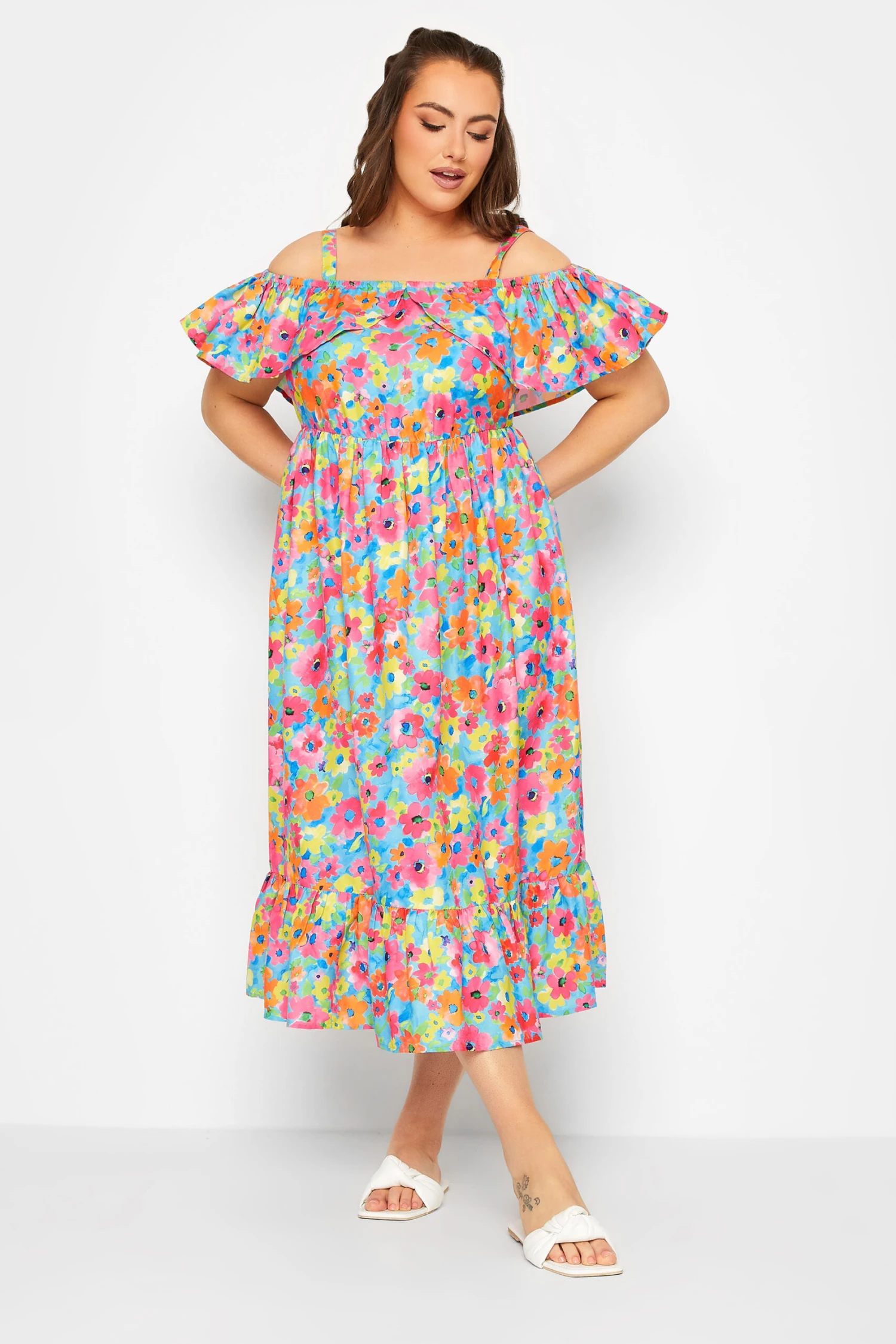 LIMITED COLLECTION Curve Pink Floral Frill Cold Shoulder Midi Dress 2 LIMITED COLLECTION Curve Pink Floral Frill Cold Shoulder Midi Dress - Image 2