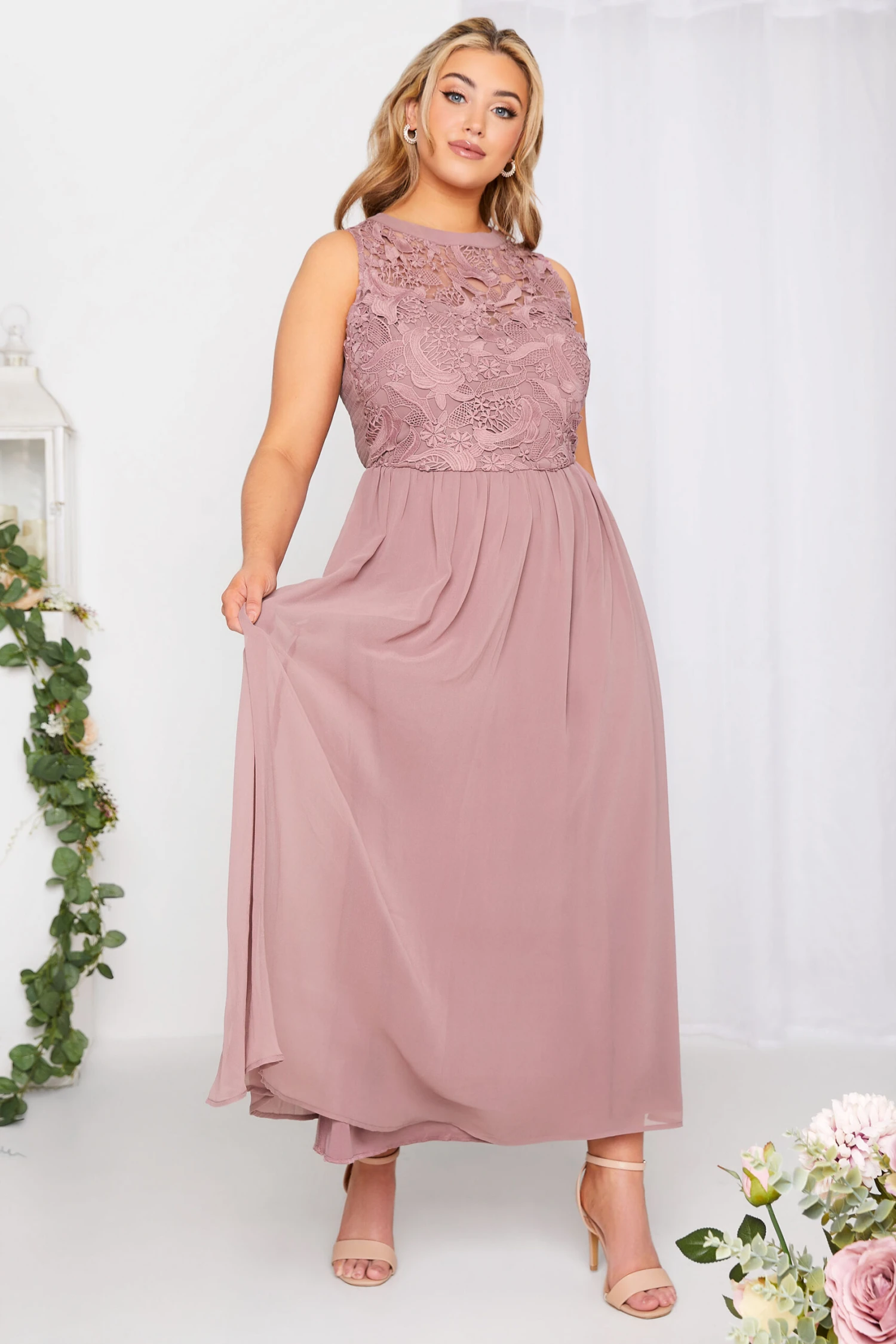 YOURS LONDON Curve Pink Lace Front Chiffon Maxi Dress 1 YOURS LONDON Curve Pink Lace Front Chiffon Maxi Dress